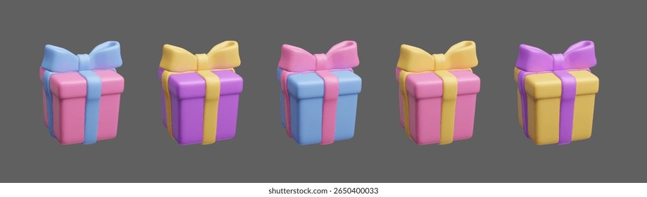 Colorful cartoon style 3D set of surprise gift boxes isolated on dark. Square shape present gift box with satin bow and ribbons 3D vector illustration. Surprise birthday party decoration set.