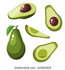 Colorful cartoon style avocado icon set. Ripe whole, half and slice of avocado. Vector illustration, isolated on white background