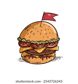 Una hamburguesa colorida de estilo de dibujos animados con coberturas en capas y una bandera juguetona, perfecta para diseños de alimentos