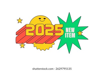 Colorful cartoon style design with bold 3D text "2025" and a "new item" starburst. Ideal for product launch and new arrivals in stores.