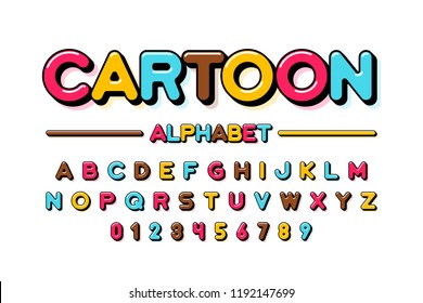 Colorful cartoon style font design, alphabet letters and numbers vector illustration