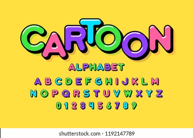 Colorful cartoon style font design, alphabet letters and numbers vector illustration