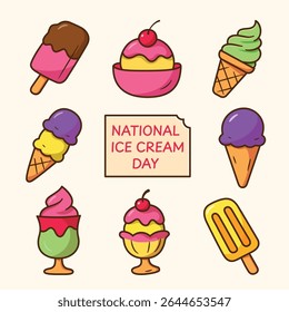 Colorful cartoon style ice cream icon collection featuring cones, sundaes, popsicles, and text for National Ice Cream Day celebration. Playful and fun design perfect for seasonal content.