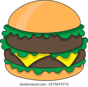 A colorful cartoon style illustration of a double beef burger featuring two juicy patties