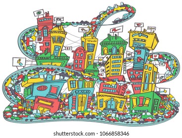 Colorful cartoon style illustration of heavy traffic on a city street, isolated with white background