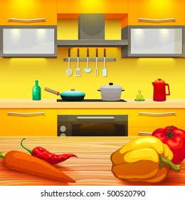 Colorful cartoon style kitchen interior with wooden table and vegetables furniture pan and pot on stove vector illustration