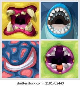 colorful cartoon style monsters mouths in set