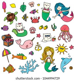 Colorful cartoon style summer sea magic mermaids illustration elements set. Underwater life collection. Cat mermaids, dolphin, crab, whale and others.