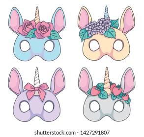 Colorful cartoon style unicorn with flower headbands vector mask drawings