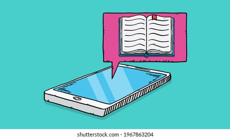 Colorful, cartoon style vector illustration of ebook in cloud on mobile screen. Every object is on different layer. Easy to edit vector file.