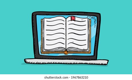 Colorful, cartoon style vector illustration of ebook on laptop screen. Every object is on different layer. Easy to edit vector file.
