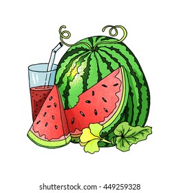 Colorful cartoon style watermelon slice and fresh juice. Isolated vector element for food design. Vegan food