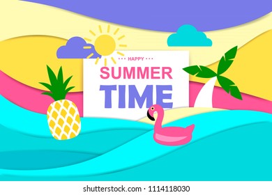 colorful cartoon summer banner in a flat style. paper effect. vector illustration