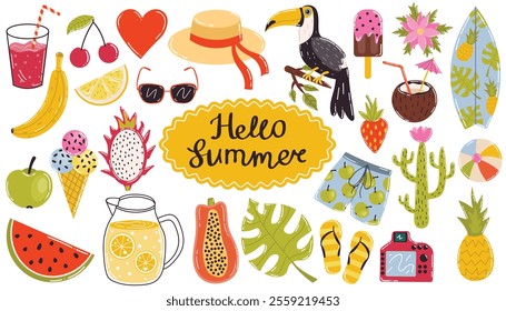 Colorful cartoon summer design elements collection with tropical fruits, Toukan bird, Monstera leaf and more. Summer vacation collection.