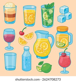 Ilustração de ingredientes e bebidas coloridas de verão de desenho animado.