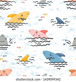 Colorful Cartoon Summer Sea Background for Kids. Vector Seamless Childish Pattern with Doodle Cute Shark Smiling Characters and Shark Fins, Sea Waves