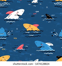 Colorful Cartoon Summer Sea Background for Kids. Vector Seamless Childish Pattern with Doodle Cute Shark Smiling Characters and Shark Fins, Sea Waves