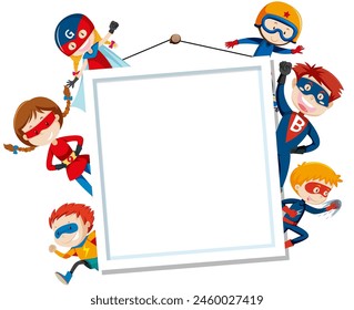 Colorful cartoon superhero children around an empty frame