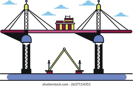 Colorful cartoon suspension bridge vector with towers, cables, and a central building structure. Modern design perfect for cityscape, architecture, or engineering themes. Flat and clean illustration 