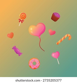 Colorful cartoon sweets and heart-themed objects on gradient background. Vibrant colors and cheerful design make this image perfect for Valentine’s Day, love-themed projects, party invitations, or swe