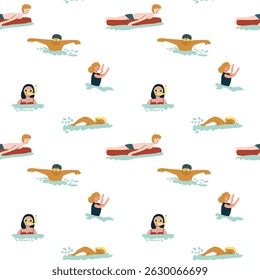 Colorful cartoon swimmers pattern with diverse people in various swimming poses.