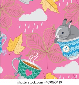Colorful cartoon tea cups set. Leaf pattern, Autumn