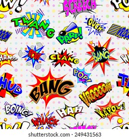 Colorful cartoon text captions. Explosions and noises. Tileable vector wallpaper background that repeats left, right, up and down 