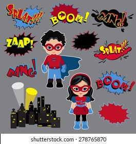 Colorful cartoon text captions. Explosions and noises. Super Boy and Super Girl.