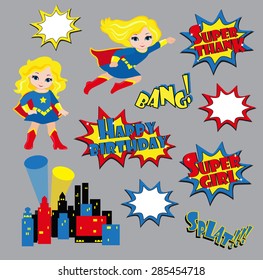 Colorful cartoon text captions. Explosions and noises. Super Girl. Birthday.