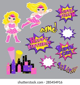 Colorful cartoon text captions. Explosions and noises. Super Girl. Birthday.