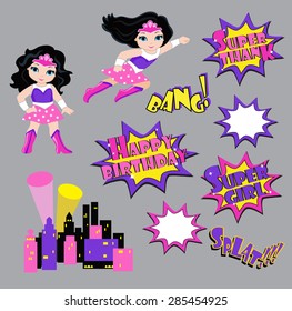 Colorful cartoon text captions. Explosions and noises. Super Girl. Birthday.