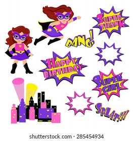 Colorful cartoon text captions. Explosions and noises. Super Girl. Birthday.