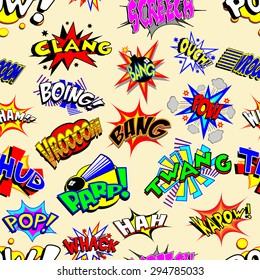 Colorful cartoon text captions. Explosions and noises. Vector wallpaper background that repeats left, right, up and down
