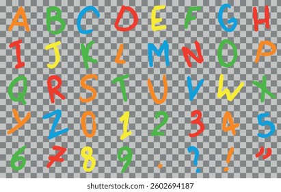 Colorful Cartoon textured oil pastel Latin alphabet with numbers and signs, Grunge hand drawn. Chalk letters on transparent Background