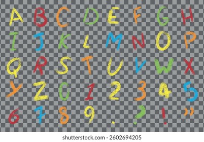 Colorful Cartoon textured oil pastel Latin alphabet with numbers and signs, Grunge hand drawn. Chalk letters on transparent Background