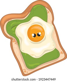 Colorful cartoon toast with avocado butter and fried egg template. Bright food vector illustartion for games, background, pattern, decor. Breakfast print for fabrics and other surfaces.