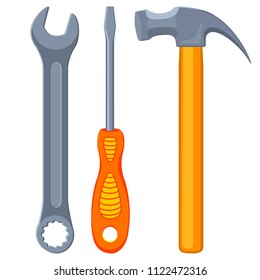 Colorful cartoon toolkit set. Handyman simple tool for home repair. Construction themed vector illustration for icon, logo, sticker, patch, label, badge, certificate or flayer decoration