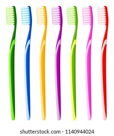 Colorful cartoon toothbrush multicolor set. Proper oral hygiene concept. Dental care vector illustration for icon, sticker, stamp, label, badge, certificate leaflet, business card or banner decoration