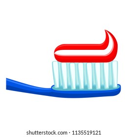 Colorful cartoon toothbrush with toothpaste. Proper oral hygiene concept. Dental care vector illustration for icon, sticker, stamp, label, badge, certificate leaflet or banner decoration