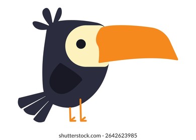 Colorful cartoon toucan with large orange beak standing on two feet. Clipart image isolated on background.