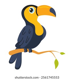 Colorful cartoon toucan perched on a branch with green leaves in a bright design