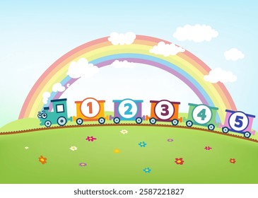 A colorful cartoon train with a blue engine and five multicolored carriages numbered 1 to 5, rainbow, fluffy white clouds, flowers dot the grass, educational design for children.