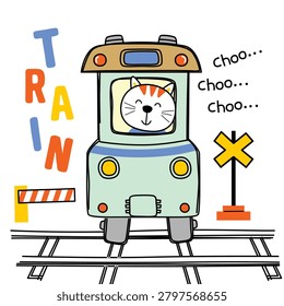 Colorful cartoon train driven by cat on tracks with railroad sign and text elements. Transportation concept