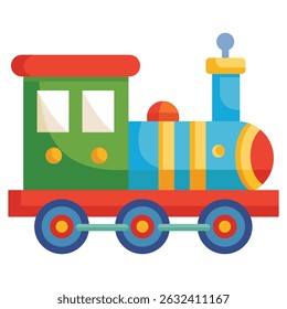 Colorful cartoon train illustration with red, green, blue, and yellow elements. A simple, eye-catching design perfect for children's content.