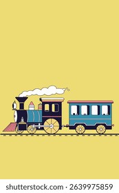 A colorful cartoon train with a locomotive and passenger car on a yellow background, emitting steam and moving along a track.
