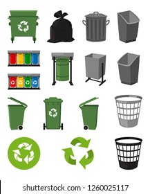 Colorful cartoon trash element set. Garbage bins and bag. Waste disposal themed vector illustration for icon, logo, stamp, label, emblem, certificate, leaflet or banner decoration