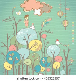 Colorful Cartoon Tree and Tree Branch Drawing 