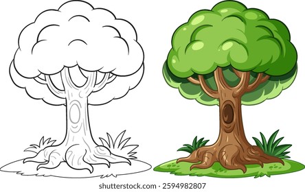 Colorful cartoon tree with matching black and white outline drawing