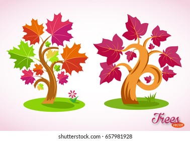 Colorful cartoon trees. Curved branches, succulent leaves, green lawn, grass, flower. Isolated image on white background. Stock vector.