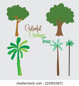 Colorful Cartoon Trees Set . Flat tree icon illustration. Trees forest simple plant silhouette icon. Nature organic set design. This vector file contains high quality  editable, colorful cartoon trees